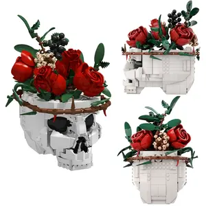 Gothic Skull Rose Flower Bouquet Fake Flowers Building Set, Unique Plant Pot & Floral Arrangement for Halloween Decoration, Ideal Gift for Her