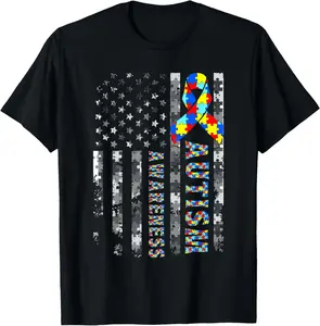 100% Cotton Unisex Autism Awareness Mom Dad USA Flag Autism T-Shirt