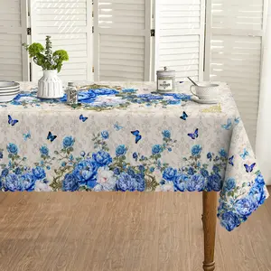 Romantic Blue Floral Tablecloth for Dining Table Elegant Polyester Table Cover with Soft Butterfly Accents for Round & Rectangular Tables Perfect for Valentine's Day