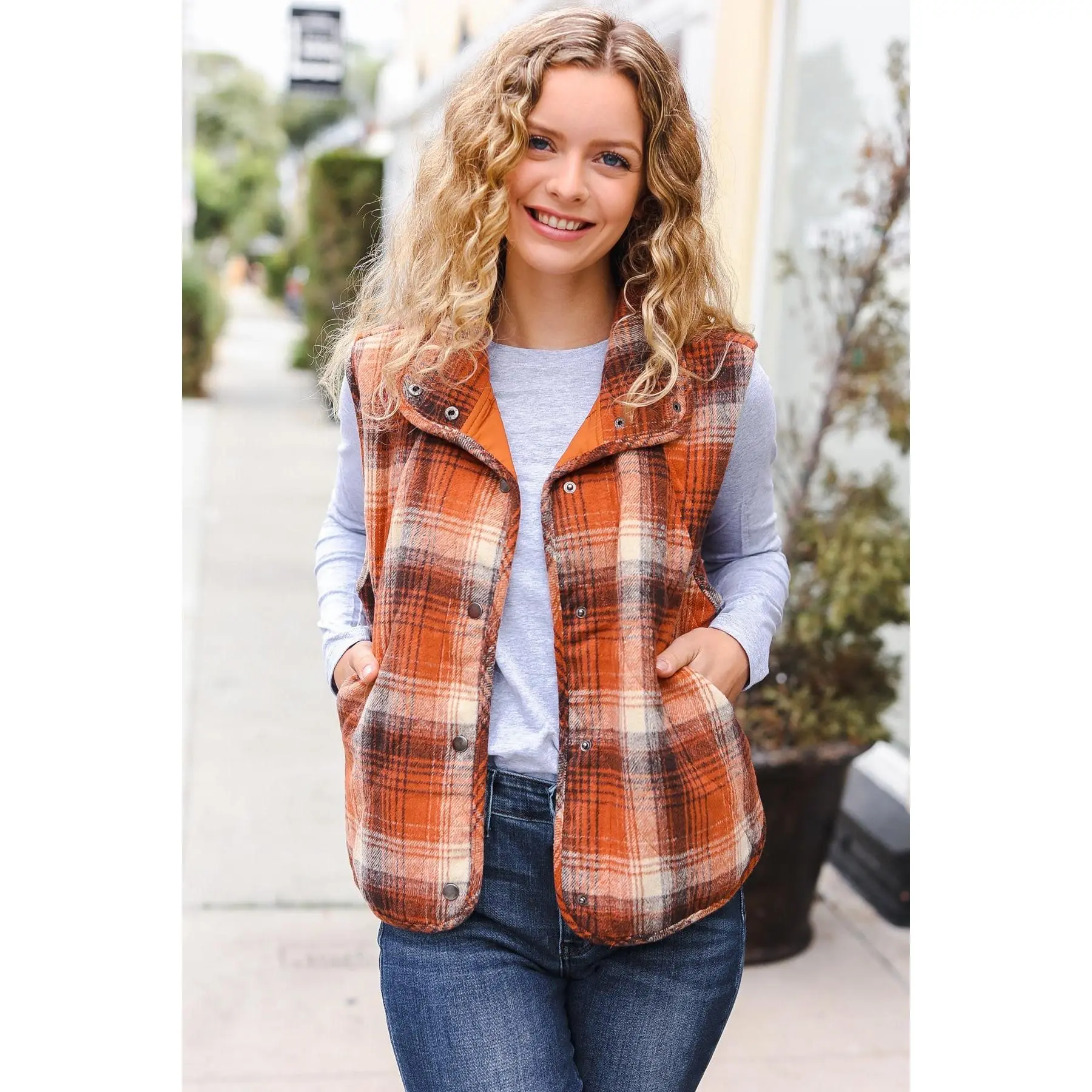Put Together Rust Taupe Plaid Snap Button Quilted Puffer Vest
