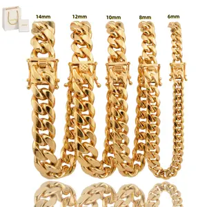 Men's Cuban Chain Necklace 316L Stainless Steel 6-14mm Wide 16-30in Long Hypoallergenic Gold-Plated Miami Chain Valentine's Day Jewelry with Gift Box, Minimalist, Everyday Wear,summervibes