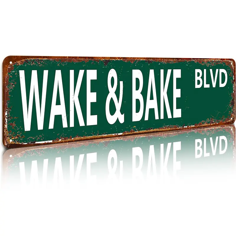16x4 in Aluminum Retro American Aesthetic Wake & Bake Blvd Metal Sign, Vintage Weed Wall Art Outdoor Plaque, Home Decor, Humorous Special Occasion Gift