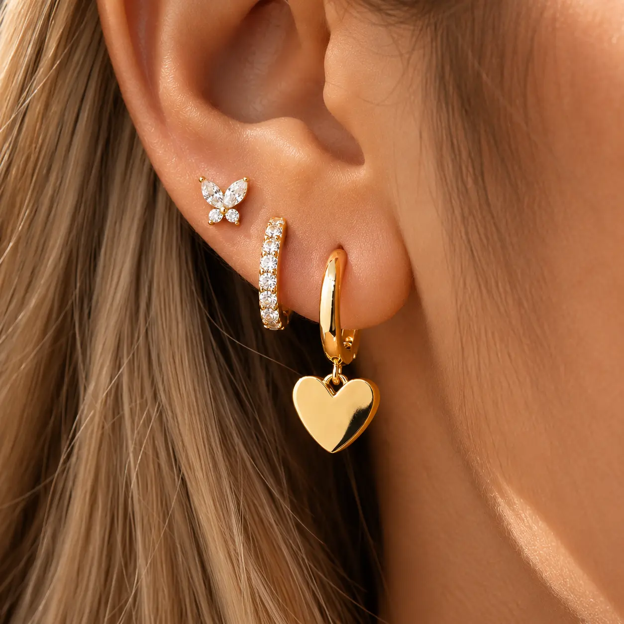 3 Pcs Hoop and Flat Back Earrings Set for Women, 14K Gold Plated Butterfly Heart Huggie Hoops, Dainty Hypoallergenic Ear Stack Earrings for Multiple Piercing Gift
