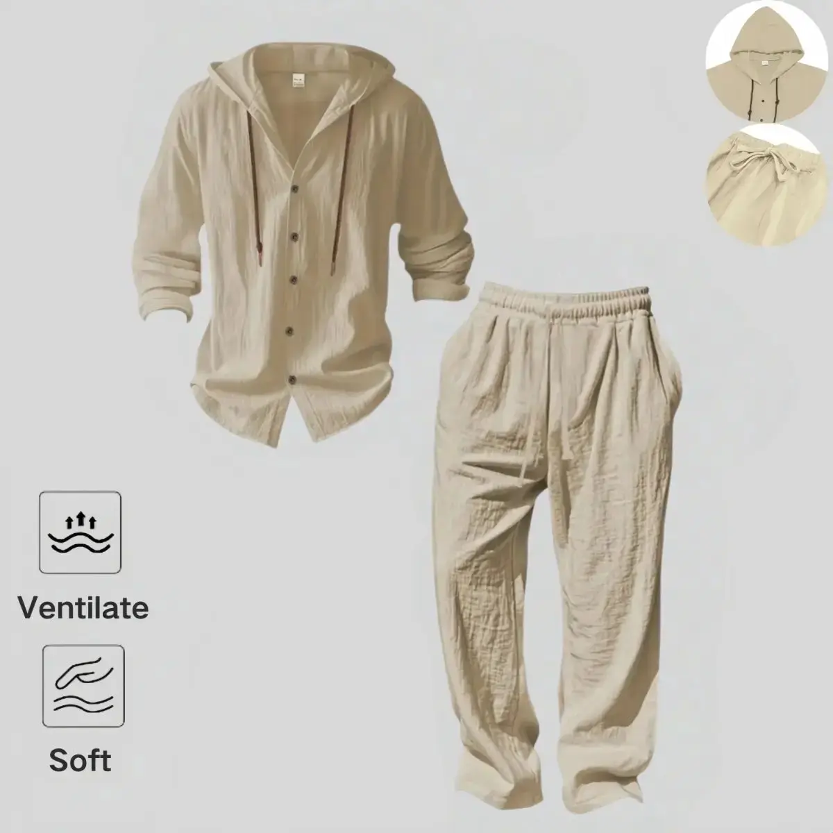 Men’s two-piece hooded set made from soft linen. Loose, relaxed fit, trendy casual vacation street style, comfortable all day.  henley hoodie