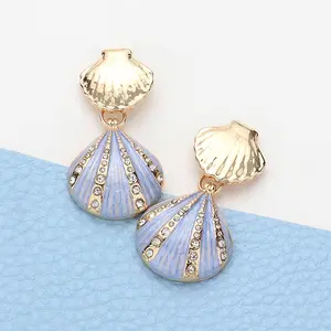 Enamel and Rhinestone Seashell Dangle Earrings