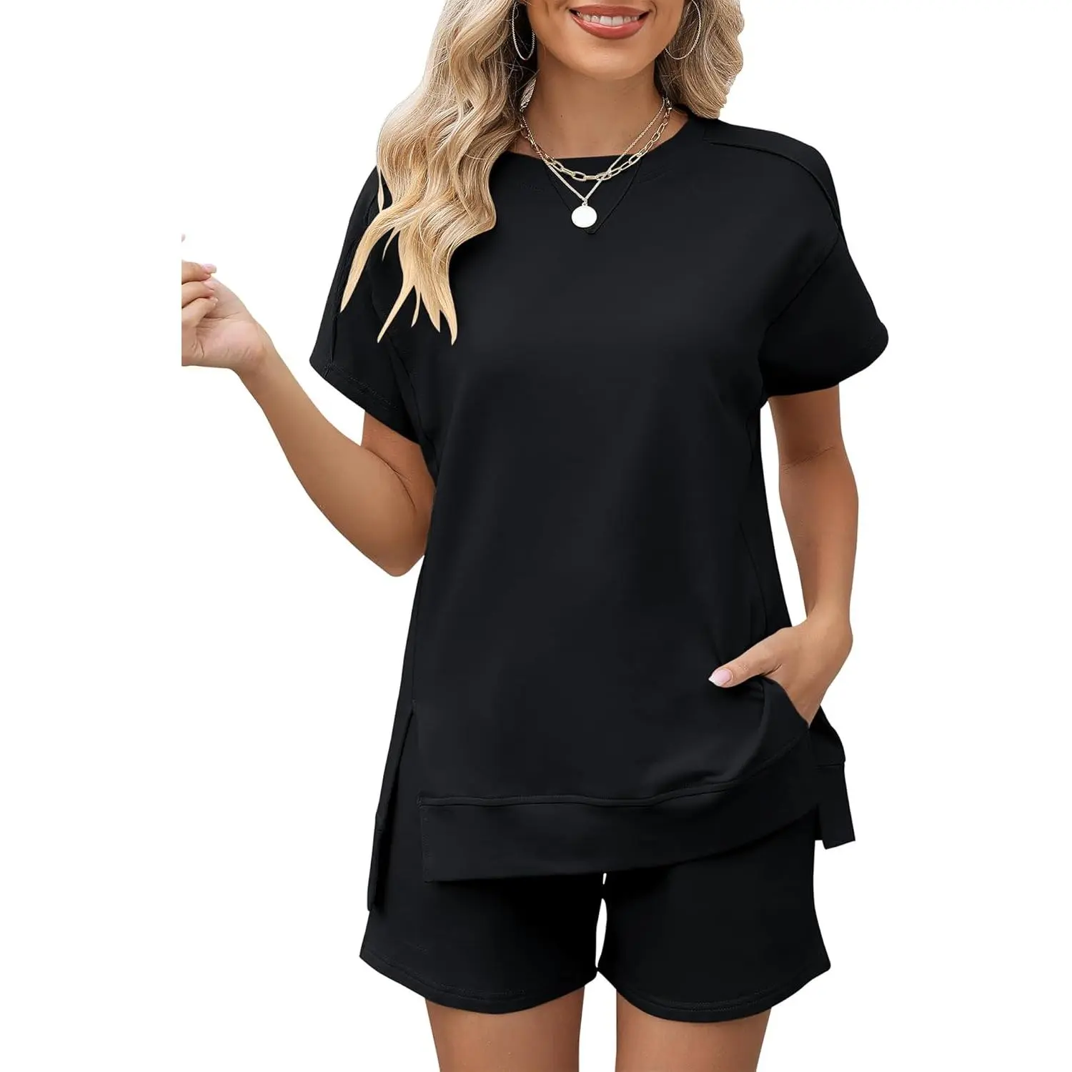 Womens Fashion 2 Piece Outfits Sweatsuits 2026 Summer Short Sleeve Loungewear Tracksuit Round Neck Lounge Shorts Sets