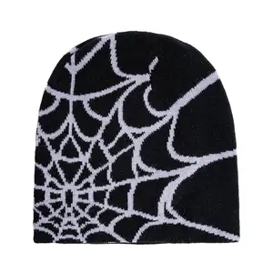 Y2K Spider Web Beanie for Women Men, Grunge Gothic Spider Black White Warm Knit Hat Casual Outdoors, Hat for Winter Fall Spring Summer