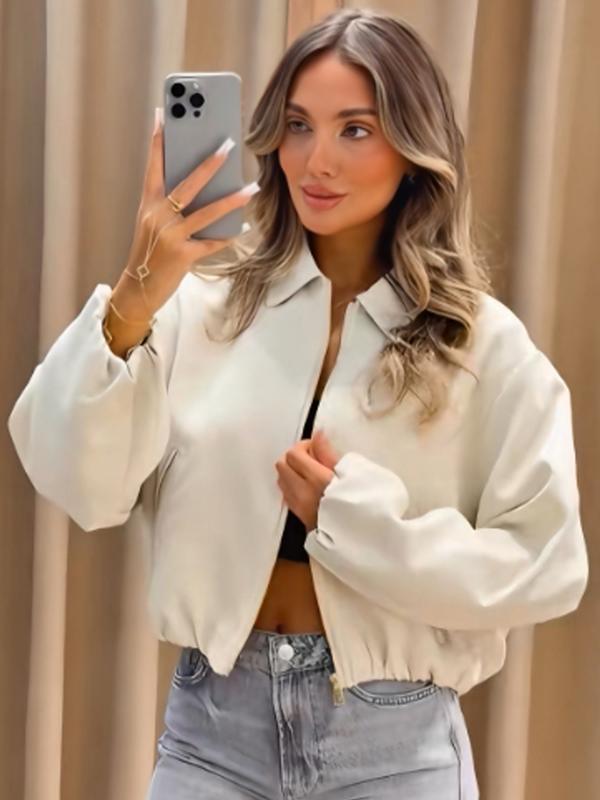 Casual Crop Oversized Puff Jacket Jacket Women's Jacket Spring 2026 Beige Khaki Black Outerwears Zip-Up Lapel Collar Long Sleeve Tops Streetwear Outfits & Weekend Hangouts Coat