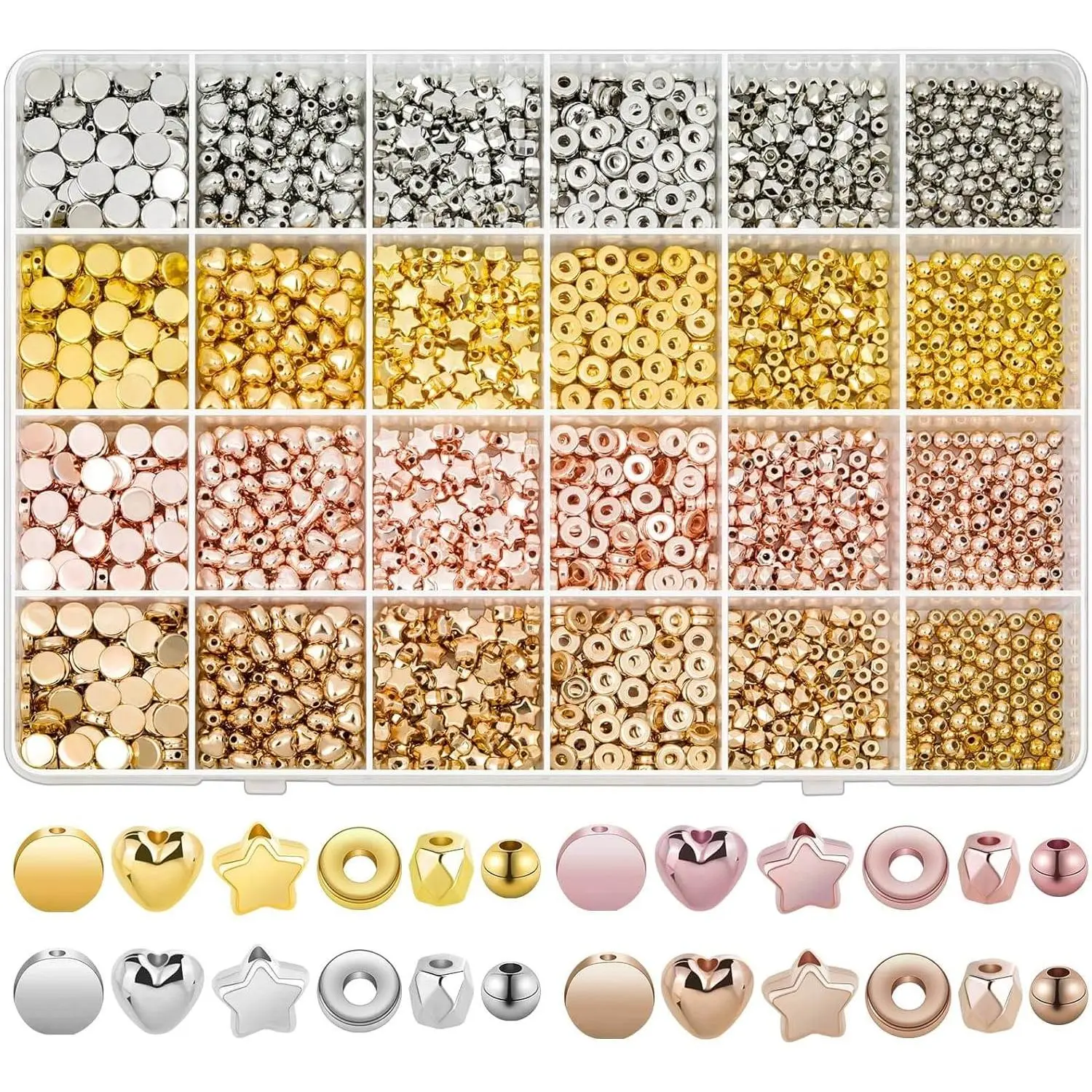 2160 count  Spacer Beads Set, Assorted Round Star  Beads for Bracelet  Making(, Sliver, Rose , KC )