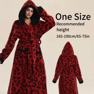 Elegant Leopard Print Flannel Bathrobe, Hooded Waistband Pocket, Unisex All-Size, Soft Comfortable Home Wear