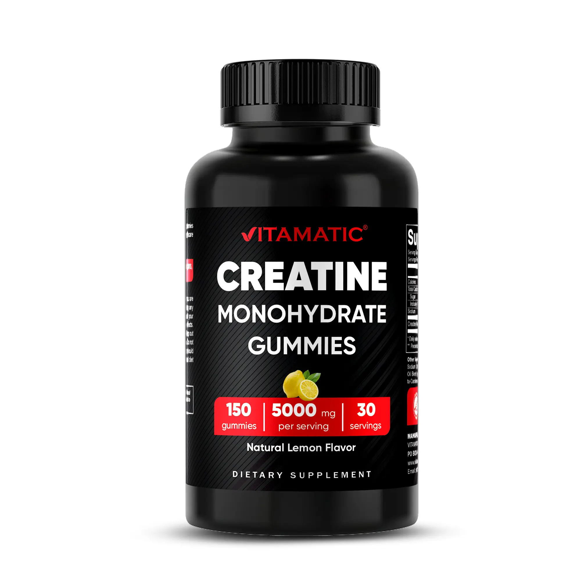 Vitamatic Creatine Monohydrate Gummies - 5000mg per Serving Edible Dietary Supplement, Natural Lemon Flavor Chewable, 150 Count, Non-GMO, Gluten-Free Daily Nutrition & Energy Focus Supplement for Muscle Strength Support