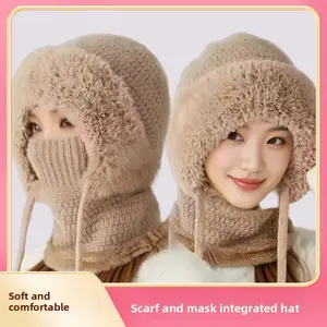 Winter Outdoor Cycling Fleece-Lined Warm Knitted Hat Women's Hat Mask Neck Warmer One-Piece Pullover Hat