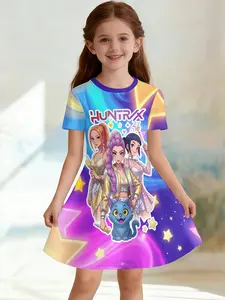 Girls' 3D Short Sleeve Dress Huntrax, Magic Girl Full Print Summer Dress, Perfect for Parties, Festivals, Gifts, Birthday Presents