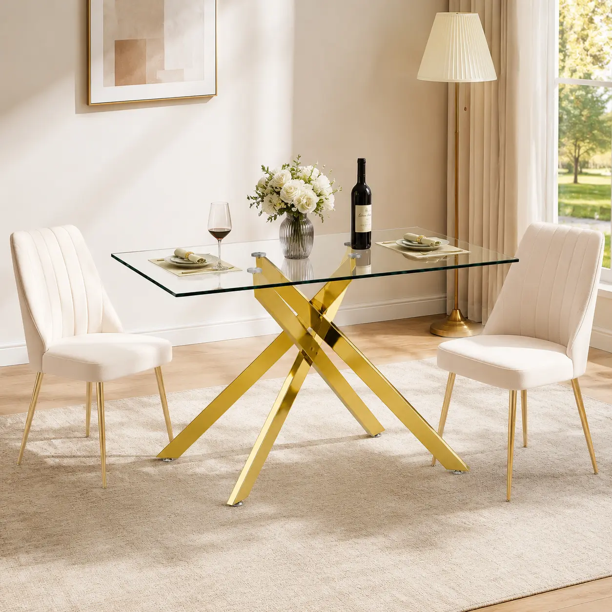 51.18" Indoor Rectangle Contemporary Dining Table - Tempered Glass Top, Polished Metal Build, Gold Legs, Adjustable Leveling Ft, Wipe with Cloth, 52.8 lbs, Assembly Guide & Installation Tool Included for Dining Room, Living Room
