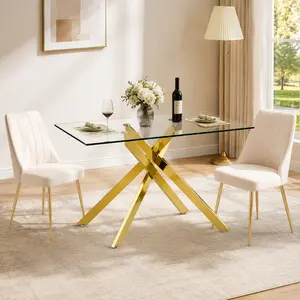 51.18" Rectangular Dining Table,Modern Tempered Glass Dining Table with Gold Metal Legs and Adjustable Leveling Feet for Dining Room & Living Room