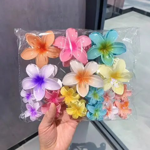 18 Pcs Gradient Candy Color Flower Hair Clip Set, Large Non-Slip Shark Clamps for Thick Hair, Hawaiian Tropical Design, Summer Beach Party Hair Accessories, Fun Hair Clips