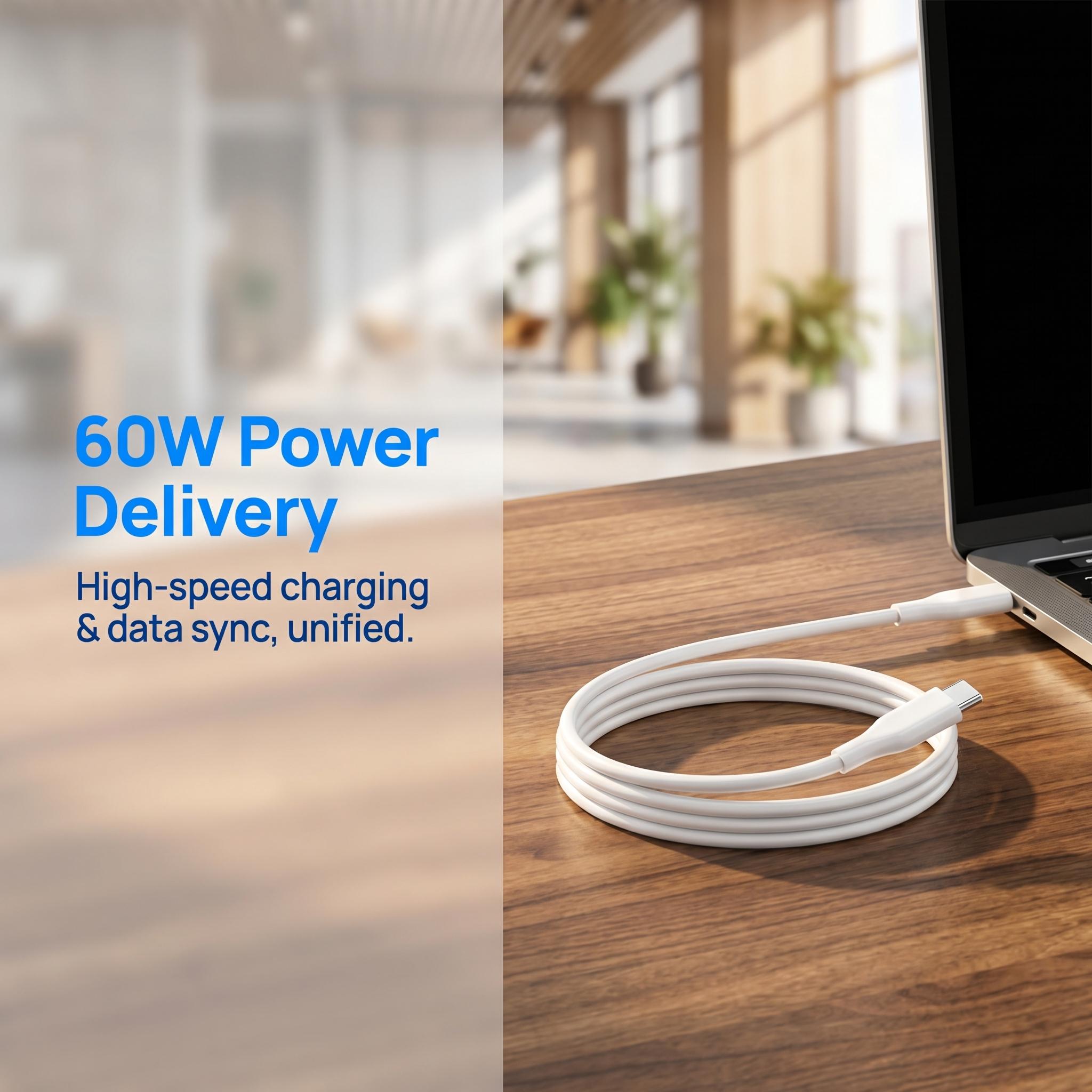 60W USB‑C to USB‑C fast charging cable, PD fast charge and data sync, durable soft TPE, tangle‑free and bend‑resistant, 3.3 ft cord for iPhone 17/16/15, Samsung, Pixel, iPad Pro, MacBook, Switch