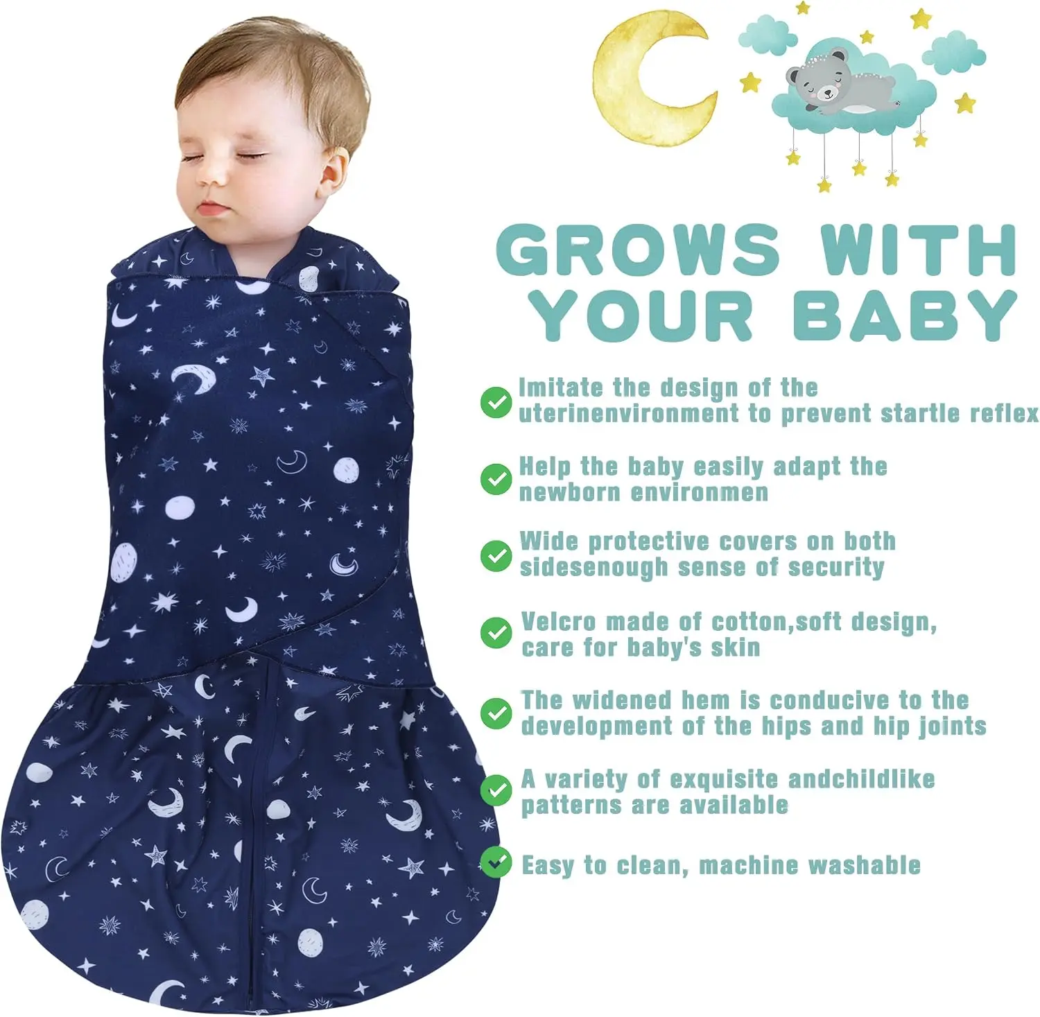 Newborn Sleep Sack Baby Swaddle,Swaddle me 0-3 Month,3-Way Adjustable Wearable Blanket,100% Rayon Cotton Swaddling Sleeping Bag，TOG 0.5 (Starry Sky, 0-3 Months)
