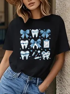 Women's Dental Assistant Uniform T-Shirt - Coquette Bow & Teeth Design (braces/sentalignment), Black with Blue Accent Teeth Print, Soft Relaxed Fit Round Neck Short Sleeve Tee, Durable Shirt for Dentists, hygienists, Dental Assistants