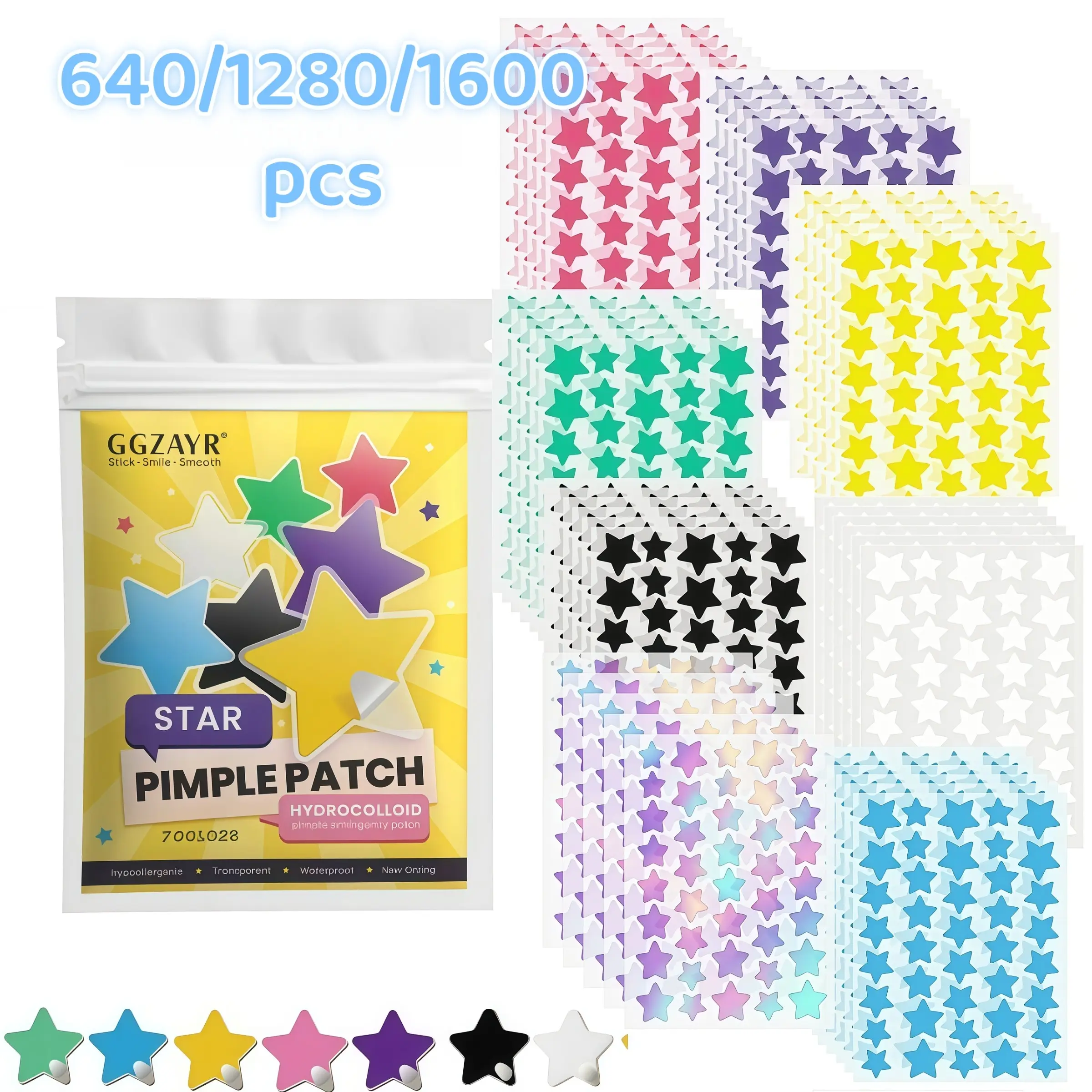 640/1280/1600pcs Colorful 8-Shade Star Pimple Patch Stickers, Fun Star Face Cover Dots, Mixed Size Hydrocolloid Skin Patches, Acne Patches, Acne Spot Dots, Cute Beauty Stickers for Daily Care & Makeup Look