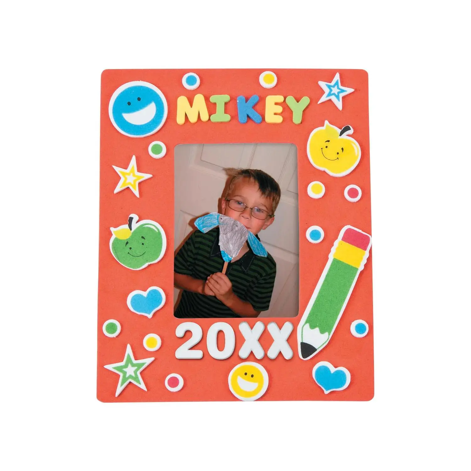 Red School Theme Pre-Packaged Foam Craft Kit - 5"x6.25" Multicolor School Picture Frame Magnets, Mess-Free, Holiday Party Use, Makes 24