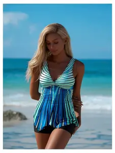 Tankini Swimsuit for Women V Neck - Teal & White Striped Color Block Two Piece Bathing Suit - Sexy Open Back Tank Top with Boy Shorts - Beach Pool Summer Swimwear