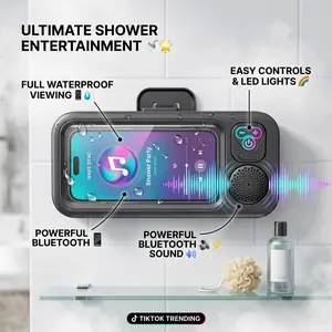 Bathroom Waterproof Phone Mount with Wireless Speaker, 480° Rotatable Shower Phone Holder Stand for Wall & Mirror, Compatible with All 4"-6.8" Phones