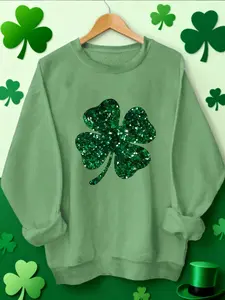Women's Saint Patrick's Day Four-Leaf Clover Graphic Round Neck Sweatshirt, Fitted Casual Style, Sparkling Pattern, Festival Element