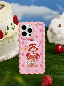 Strawberry Shortcake Cute Cartoon Character & Strawberry Print Ruffled Edge Pink Phone Case
