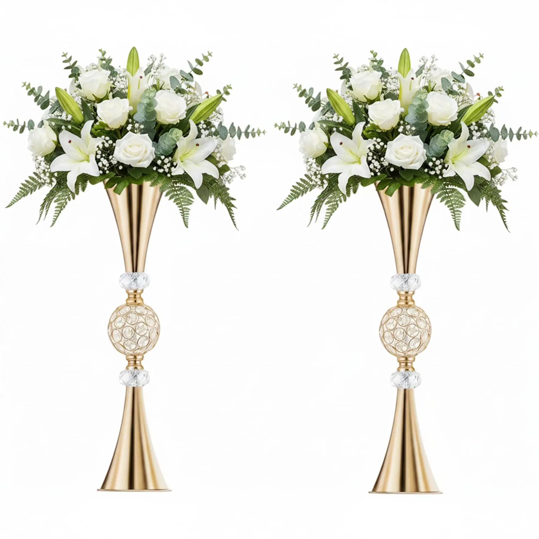 Crystal Gold Flower Vases for Centerpieces: Metal Trumpet Vases for Tables, Elegant Flower Stands with Crystal Ball – Floral Decorations for Events, Christmas Weddings, Home Décor (Gold, 27.6 in–2 pcs)