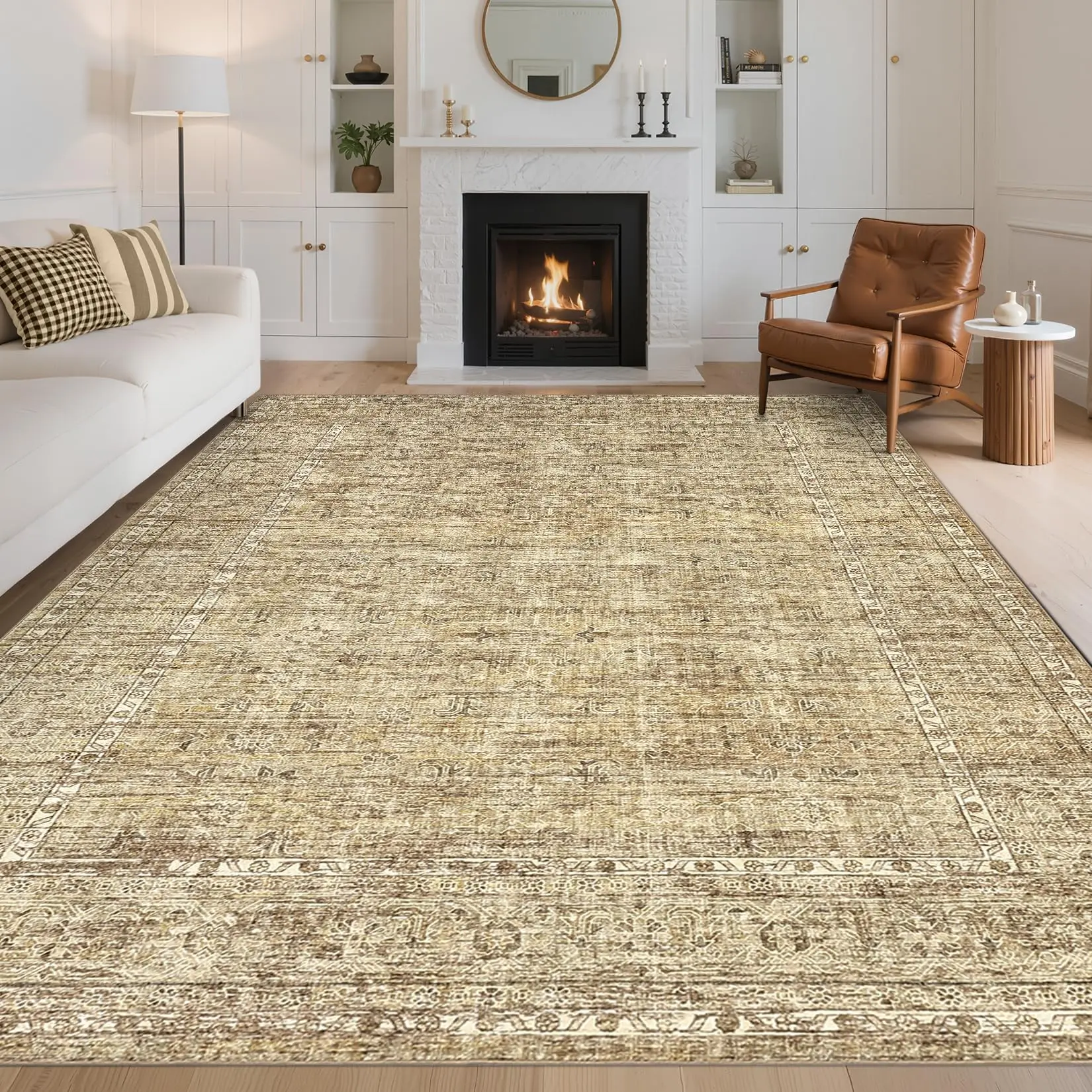 Vintage Floral Rugs 5x7, Washable Soft Non Slip Area Rug for Living Room Bedroom, Low Pile Ultra Thin Lightweight Floor Carpet for Dining Room Office Playroom, Beige