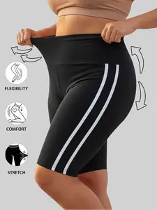 Plus Size Summer Tight Shorts, High Waisted Shorts, High Waist Striped Design, Abdominal Control Underwear, High Elasticity, Soft Fabric, Casual Fashion Comfortable Clothing