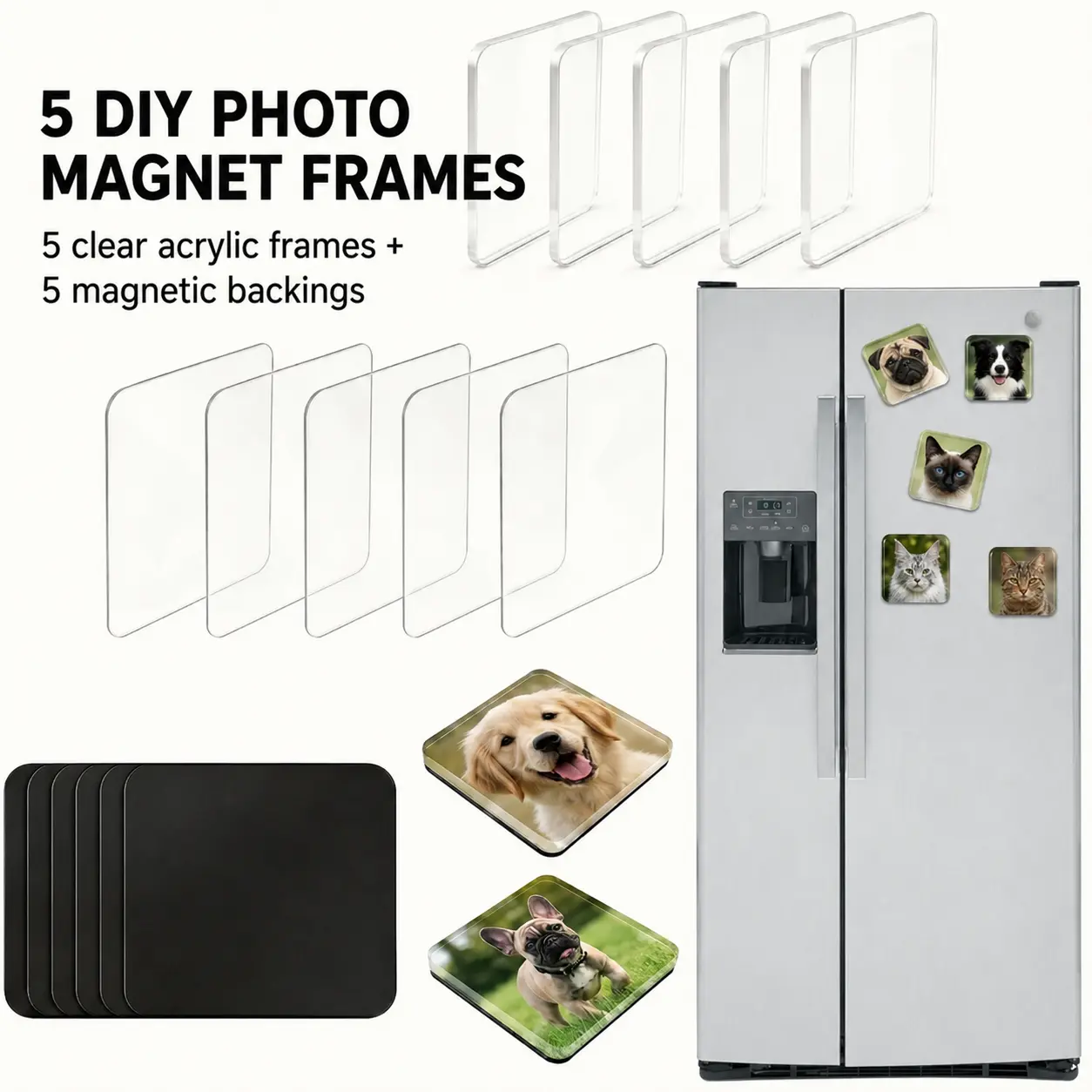 5-Pack DIY Custom Photo Refrigerator Magnets Kit, Crystal Clear Acrylic Picture Frame Magnets for Fridge, Personalised Pet & Family Memory Display Accessories, Easy Homemade Holiday Decor & Heartfelt Gifts for Loved Ones!