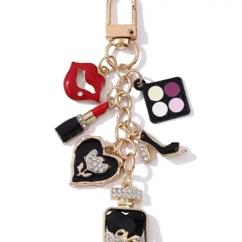 Elegant Eye Shadow Palette Heart High Heel Perfume Lipstick Oil Fashionable Alloy Heart Design Keychain For Bags Creative Cartoon Accessory Makeup Series Pendant Trendy Bag Charm Gift