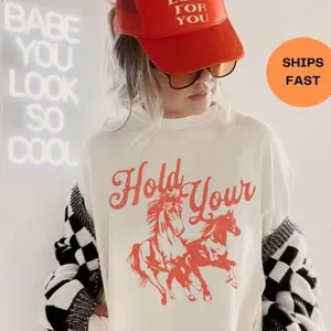 Comfort Colors Hold Your Horses Shirt, Funny Horse Tshirt, Trendy Cowgirl Shirt, Western Cowboy Shirts for Women, Oversized Graphic Tee, Meme T-shirt
