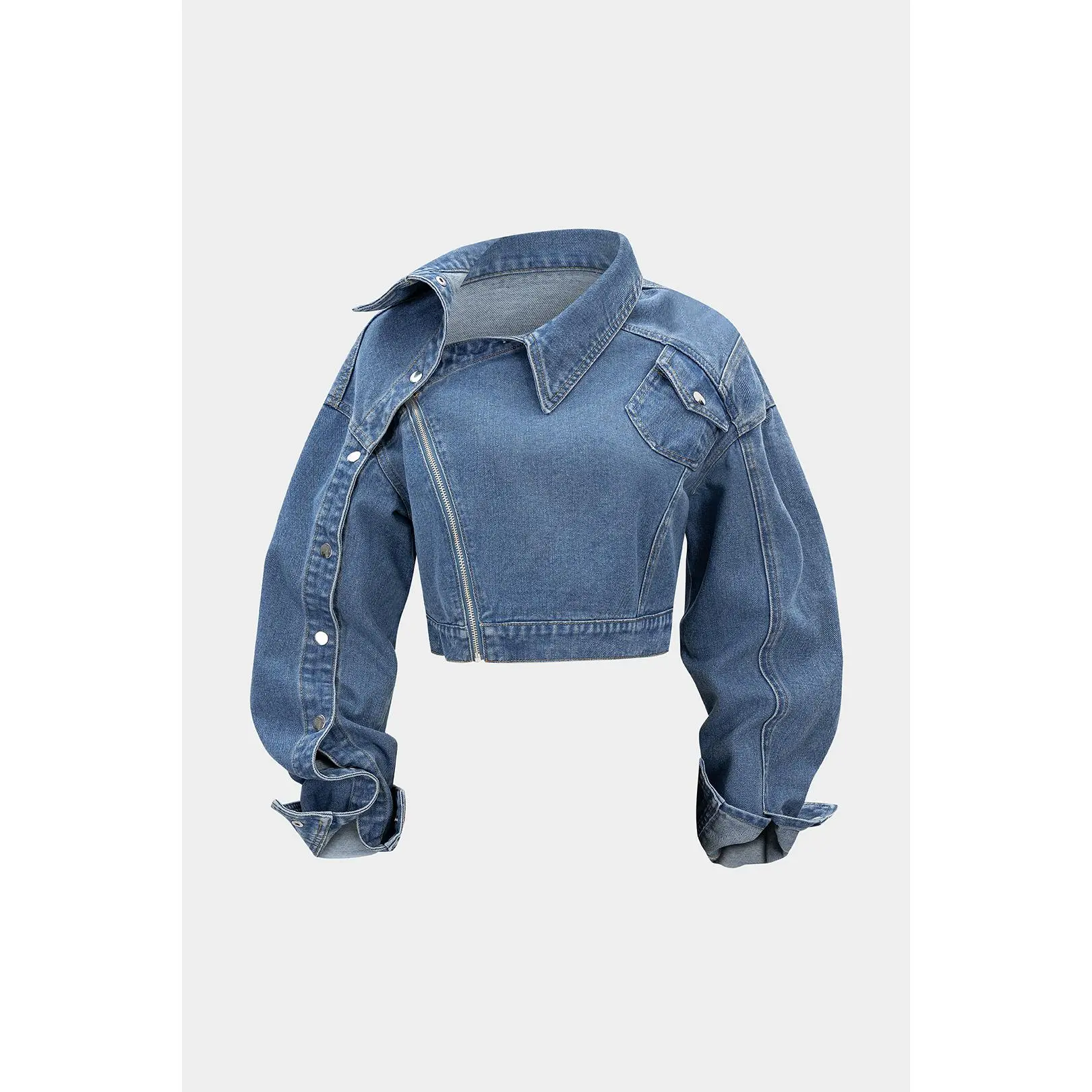 Denim Asymmetrical Zipper Long-Sleeve Jacket