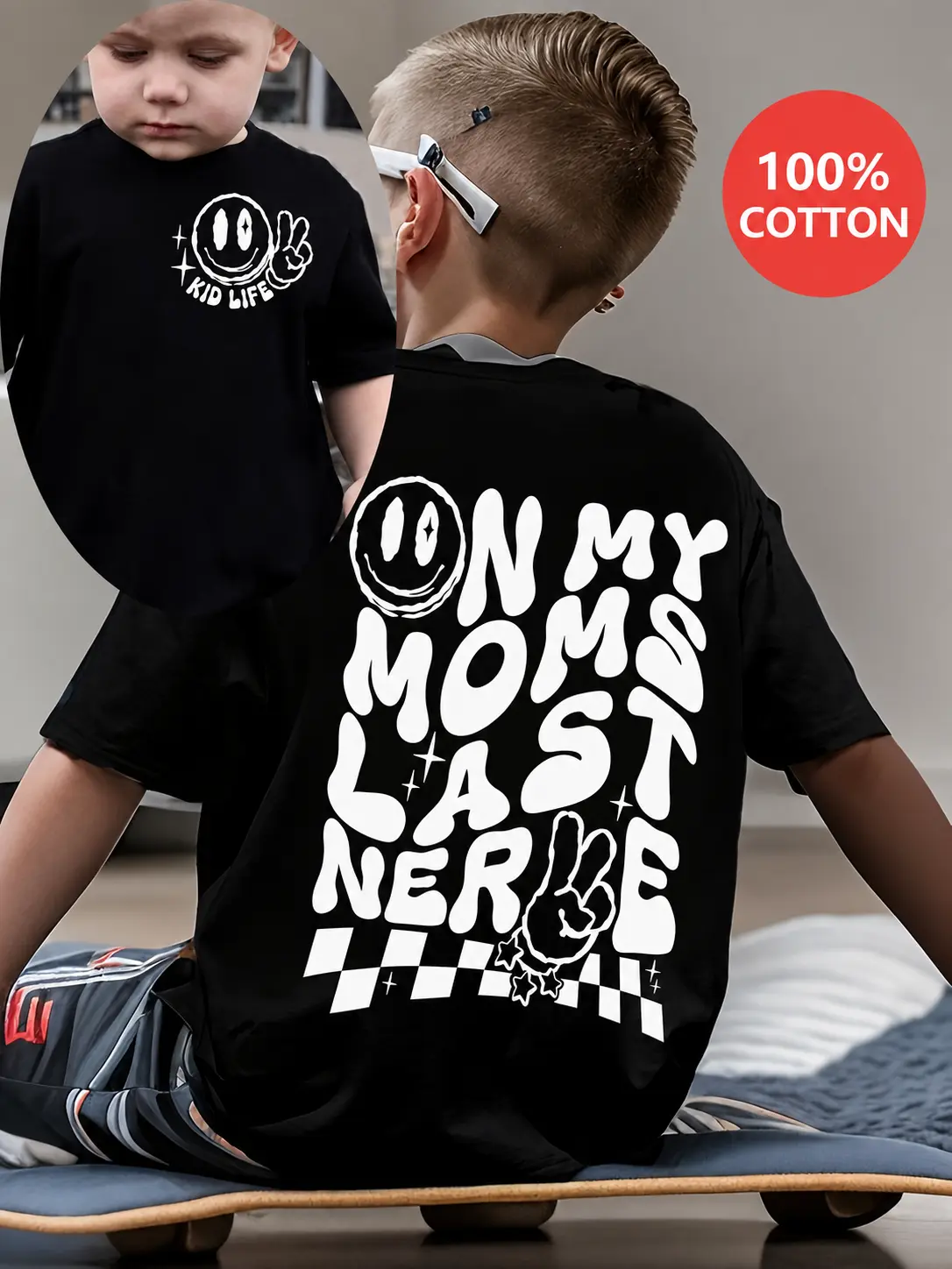 PUEMCO On My Mom's Last Nerve Boys Double Sided T-Shirt Kid Life Smiley Peace Hand Checkerboard Retro Bubble Letter 100% Cotton Black Skater Toddler Kids Tee