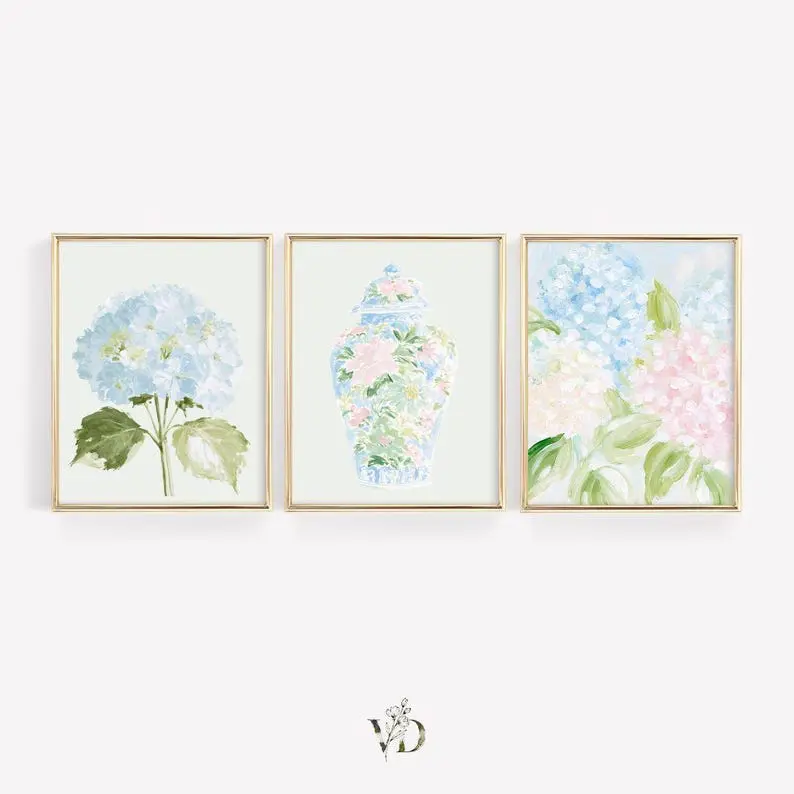 Pastel Pink Blue & Green Watercolor Hydrangeas Set of 3 Floral- Preppy Grandmillenial Floral College Dorm Prints Vintage Disco Printable