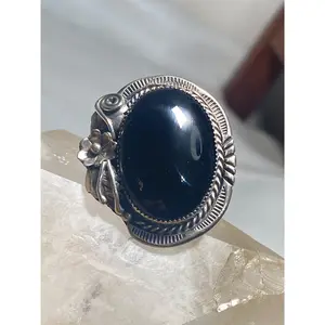 Onyx ring size 7.75 Navajo huge southwest squash blossom band sterling silver women