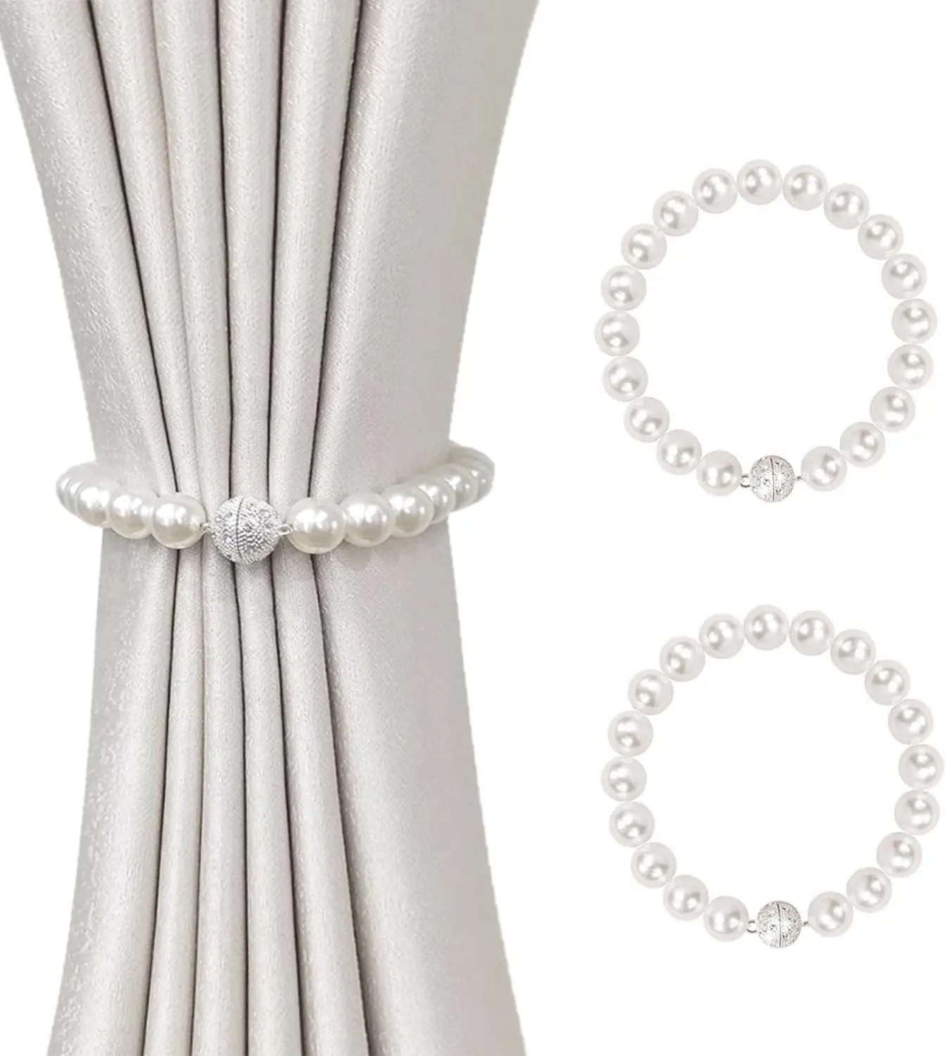 Magnetic Curtain Tiebacks, Curtain Holders for Bedroom Decor, 2 Pack Pearl Curtain Tiebacks for Home, Office, Window Decoration(White)