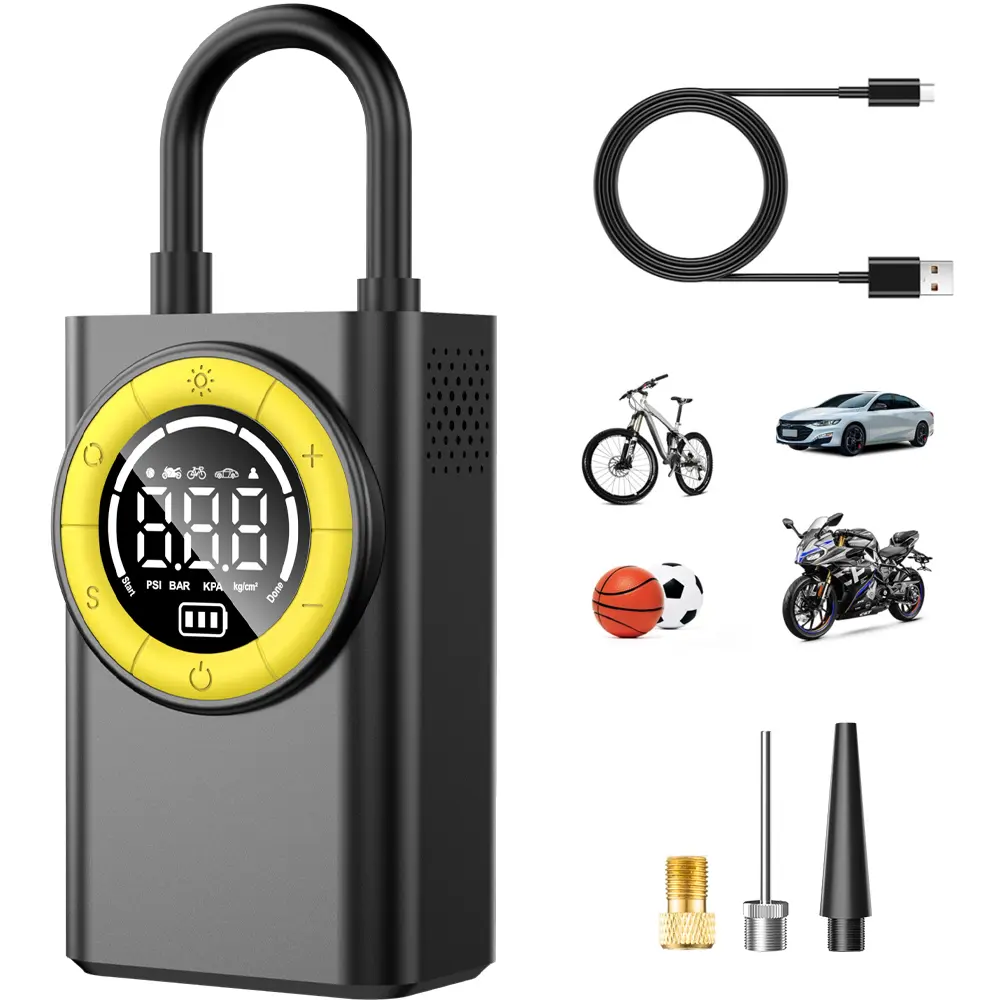 Portable tire inflator, wireless car tire inflator, with digital pressure gauge and automatic shutdown function, wireless digital display version with side hidden storage box, equipped with battery with LED light, comes with nozzle adapter preset mode