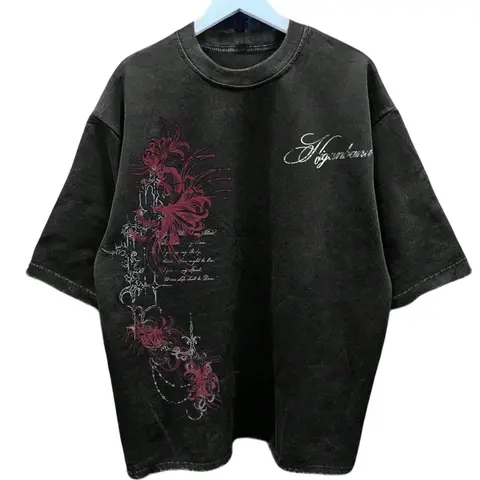 Vintage Spider Lily Graphic Tee Unisex 100% Cotton Acid Wash Oversized T-Shirt Y2K Dark Gothic High Street Clothes Heavyweight Grunge Aesthetic Streetwear For Casual Gym Wear Trendy Mens Womens Hip Hop Fashion Retro Floral Top Biker Apparel Gifting