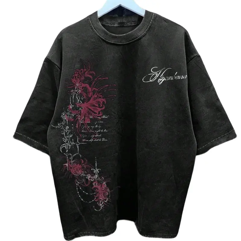 Vintage Spider Lily Graphic Tee Unisex 100% Cotton Acid Wash Oversized T-Shirt Y2K Dark Gothic High Street Clothes Heavyweight Grunge Aesthetic Streetwear For Casual Gym Wear Trendy Mens Womens Hip Hop Fashion Retro Floral Top Biker Apparel Gifting