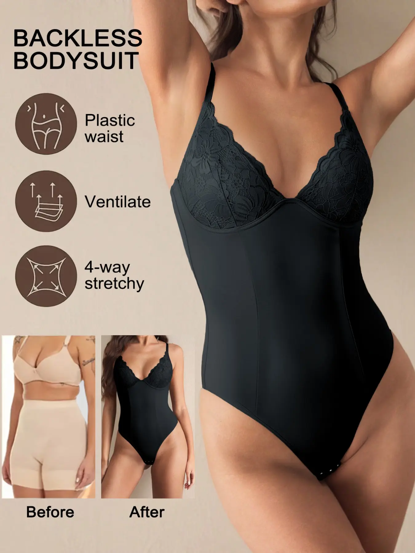 Women's Lace Underwear Set, Seamless V-Neck Abdomen Bodysuit, Adjustable Straps, Push-Up Effect, Comfortable & Stylish, All Seasons Wear, Waistband Shaping Bodysuit
