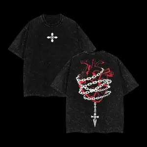 Retro Kurapika Vintage Washed T-Shirt – Hunter X Hunter Double Printed Anime Tee – Heavyweight Cotton Oversized Graphic Shirt, Dark Gothic Heart & Chain Design, Edgy Streetwear Manga Aesthetic Unisex Top Funny Streetwear Graphic Tee