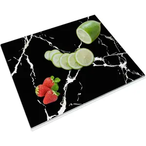 Tempered Glass Cutting Board for Kitchen, 12 x 16" Glass Cutting Board Marble, Chopping Board with Rubber Feet, Heat Resistant, Shatter Resistant, Dishwasher Safe, Black
