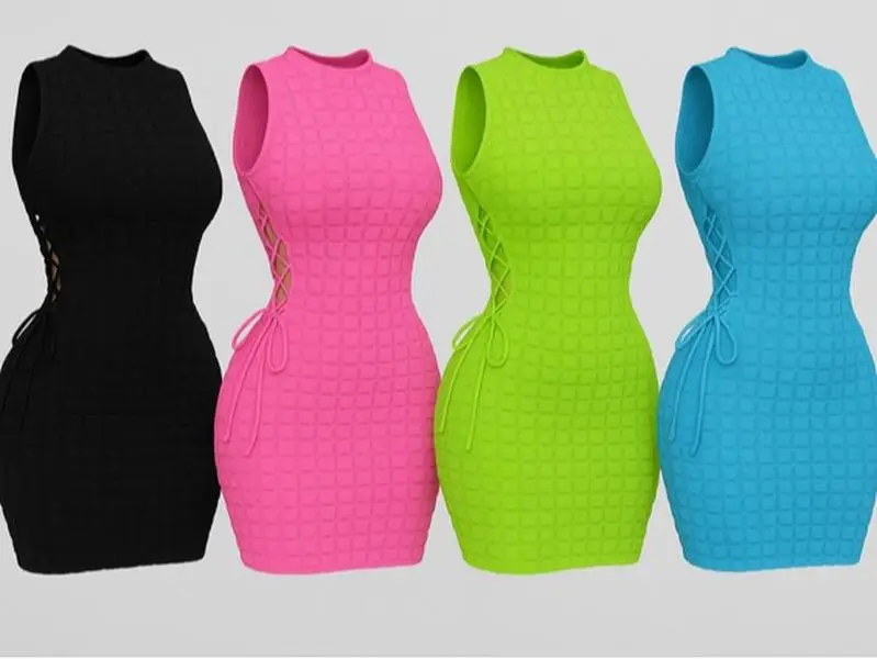 Lace Up Bubble Bodycon Dress-Sleeveless - Elegant Summer Wear with Adjustable Fit & Chic Bubble Design in Black Pink Green & Blue