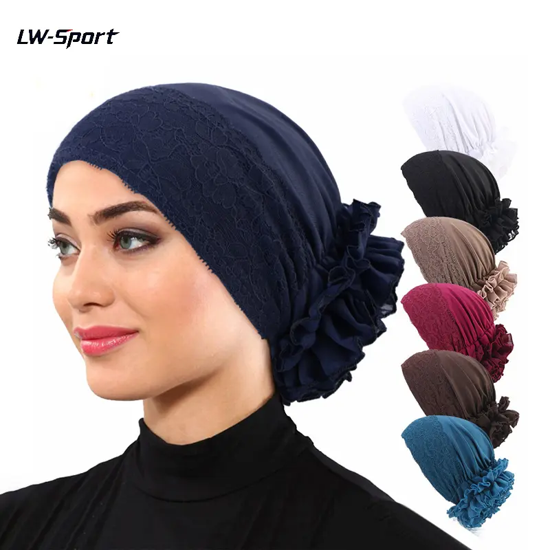 3pcs Ruffled Lace Hijab Cap Set – Breathable Chiffon Undercap, Versatile All-Season Modest Headwrap
