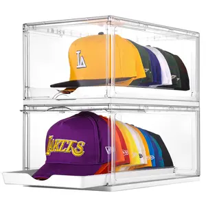 Vtopmart 4 Pack Hat Organizer for Baseball Caps, Clear Hats Holder Box with Drawer, Large Cap Storage with Sliding Tray, Stackable Rack Display Case with Magnetic Door, Each Holds 12 Hats