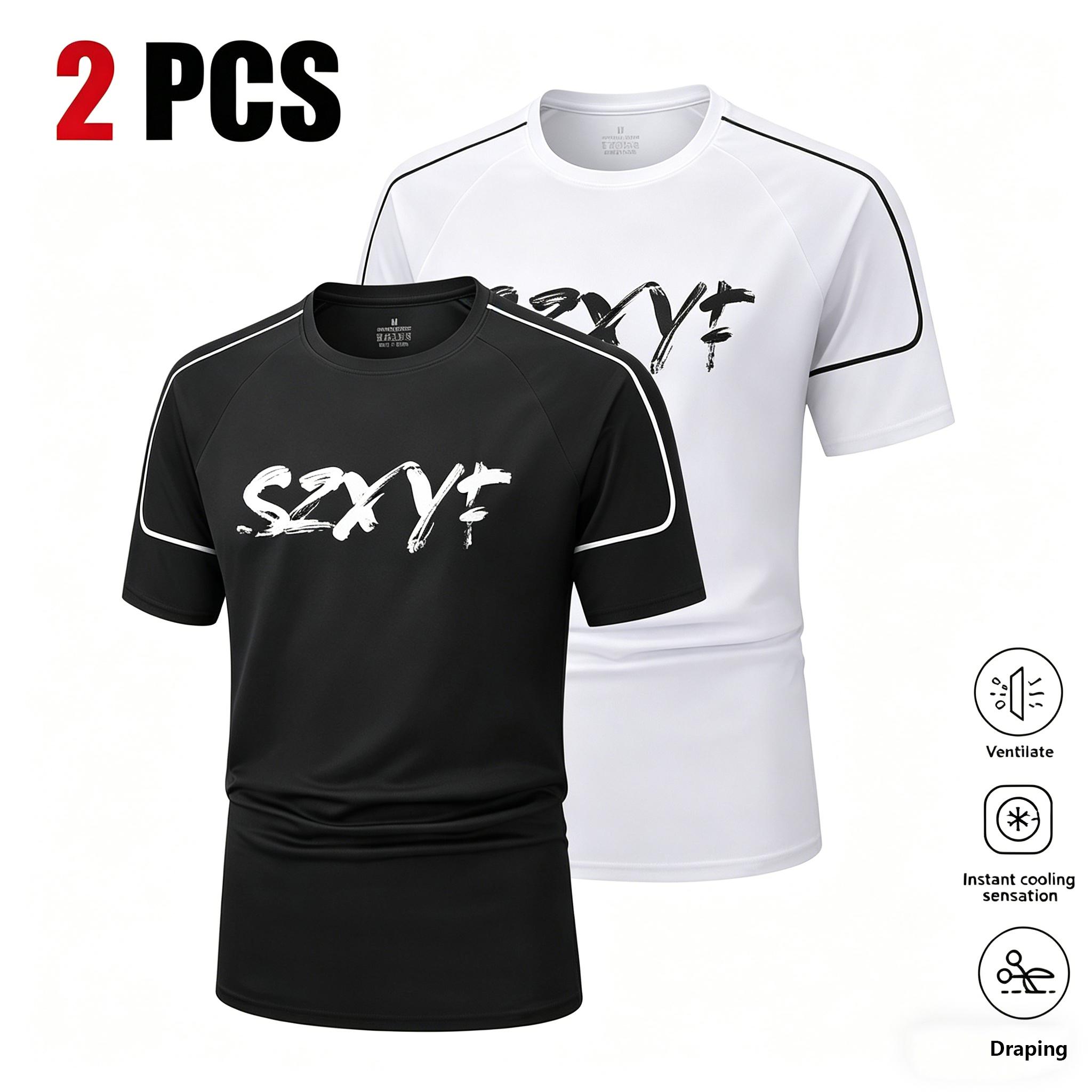 Multi-pack men’s solid-color crew-neck compression athletic T-shirts; quick-drying, breathable short-sleeve T-shirts suitable for running and fitness training; casual sports tops ideal for all seasons; sportswear featuring letter print design; loose, brea